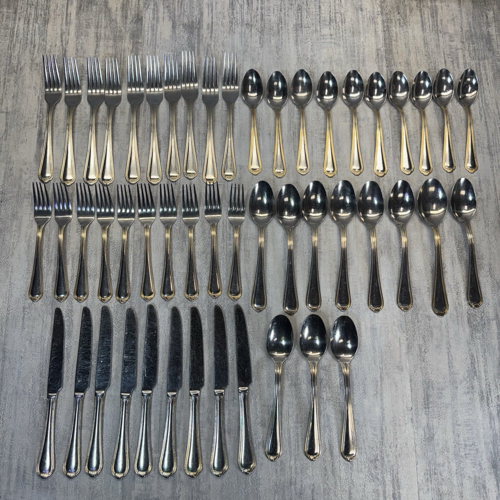 Cambridge Stainless Steel GOLD ROYAL BEAD Flatware 50 pc Set Fork Knife Spoon +